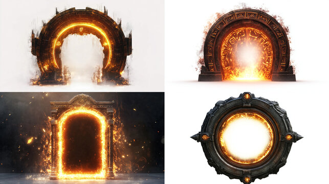 Four fiery portal variations; arched, rectangular, and circular frames engulfed in flames.