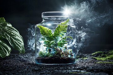 A fantasy terrarium with a plant and a steampunk miniature. It could be a background for a fantasy game or art piece.