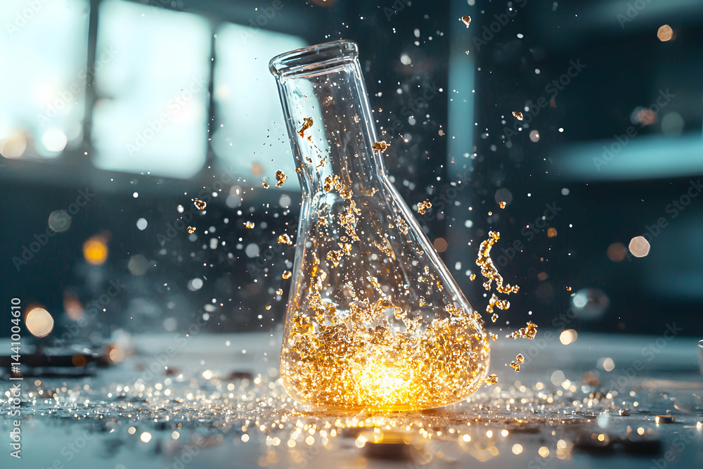 Aufkleber a striking image of a glass flask seemingly shattering. it is filled with what appears to be golden 