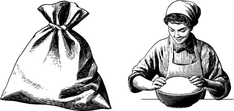 Grandma baking bread - traditional baking scene with flour sack and mixing grandma