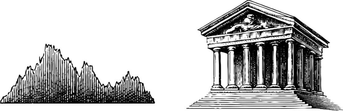Engraved illustration of central bank building and data chart for financial concepts