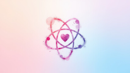 Obraz premium Atomic symbol with hearts replacing electrons on a colorful background.