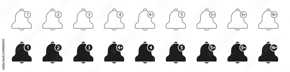 Poster notification bell icons with number badges. alert and reminder symbols for message and update indica