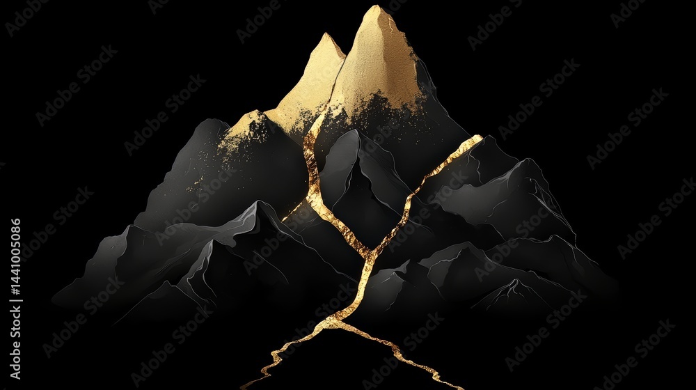 Poster mountain range with a gold line running through it. the mountains are black and the gold line is yel