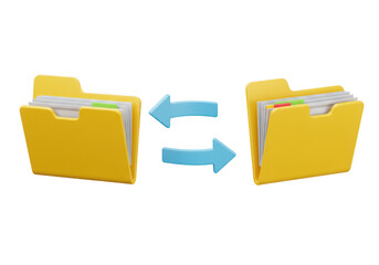 Two yellow folders with files and blue arrows isolated on transparent background