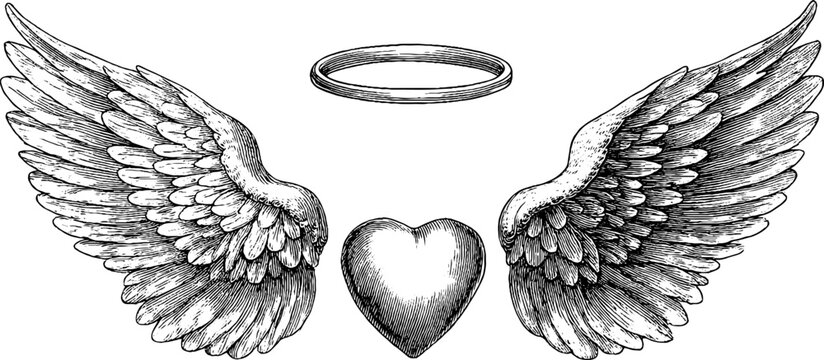 Engraved angel wings and halo design for spiritual art and decoration