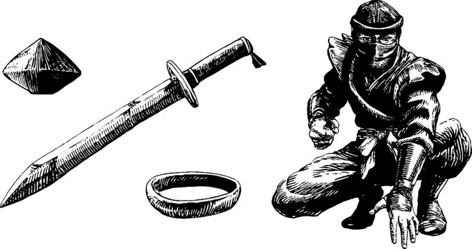 Engraved illustration of ninja elements with shuriken for design and art projects