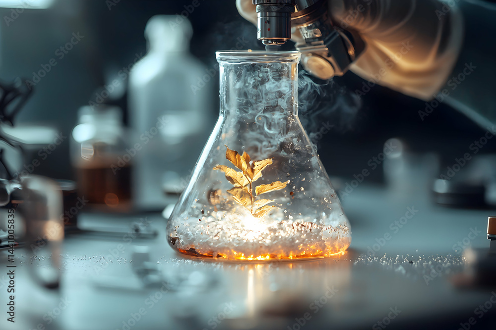 Poster a science lab image shows a plant in a flask with a microscope. it could be used for educational or 