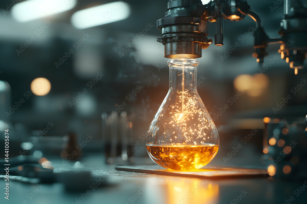 Poster a laboratory flask glows with energy. this could illustrate scientific discovery or a futuristic pow