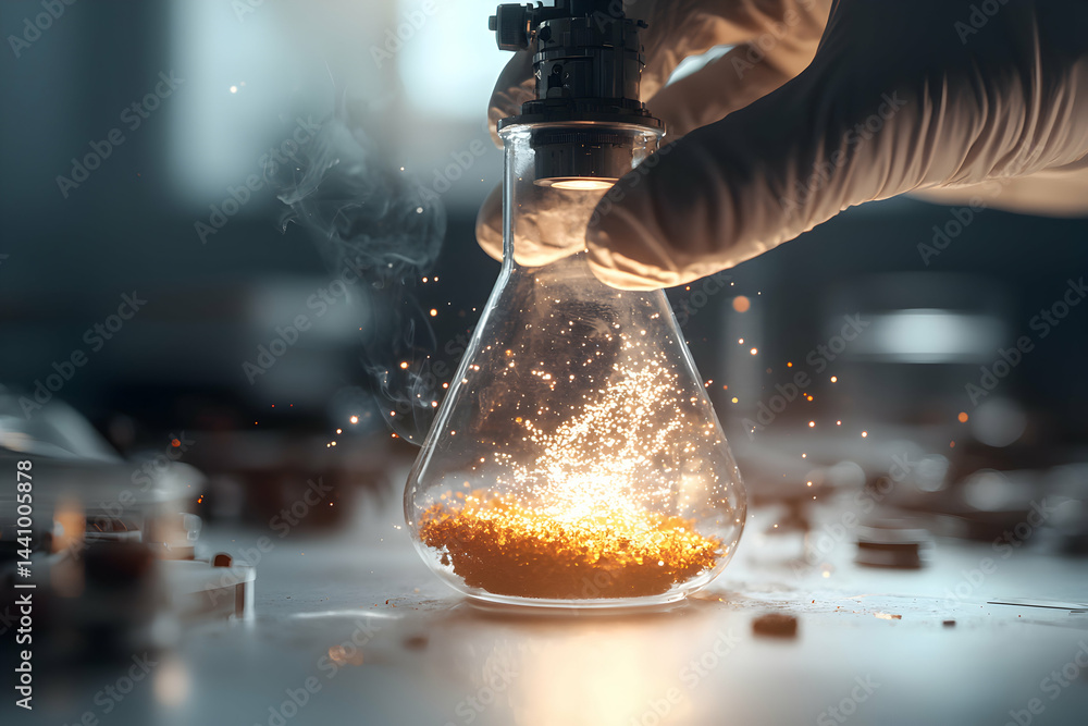 Poster a flask filled with sparking matter glows. great for science experiments or fantasy illustrations. s