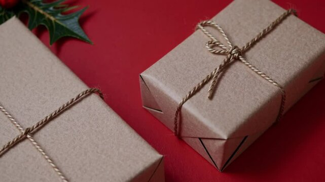 Elegant gift wrapping with twine on red background and holly leaves festive closeup sequence