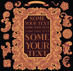 Ornate frame and decorative design elements. Design set. Editable hand drawn illustration. Vector vintage engraving. Isolated on black background. 8 EPS