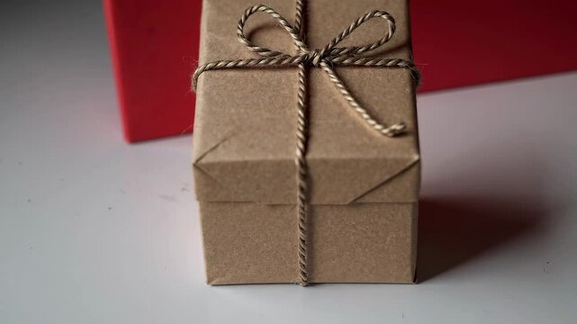 Rustic gift box unwrapping against festive red backdrop: a stepbystep holiday surprise