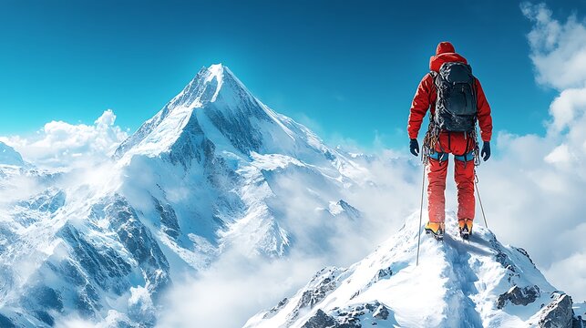 A climber stands atop a snow-capped mountain peak.