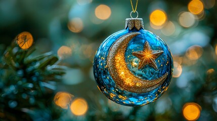 Obraz premium A celestial Christmas ornament, showcasing a blue glass sphere with a crescent moon and gold star design, hanging from a Christmas tree