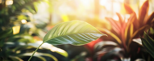 Naklejka premium Close-up of a vibrant tropical leaf in sunlight.