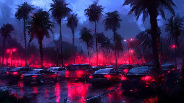 Painting of a parking lot with cars and palm trees. The cars are parked in a lot with a lot of rain. The painting has a mood of sadness and loneliness