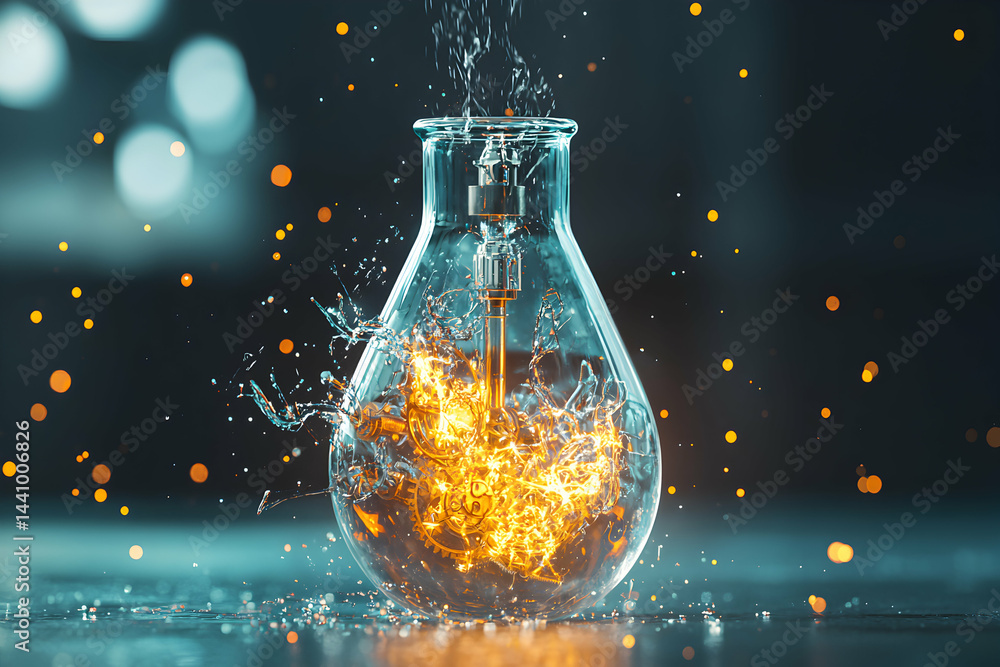 Poster a lightbulb filled with gears and water explosion. represents innovation and creation. use it for te