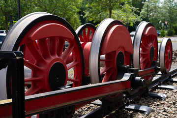 Historic train wheels display. Close-up.