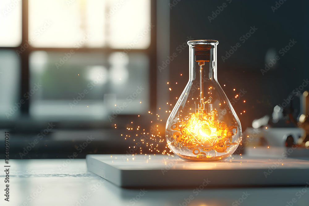 Poster an intriguing image showing a glowing glass flask filled with intricate clockwork elements. suggests