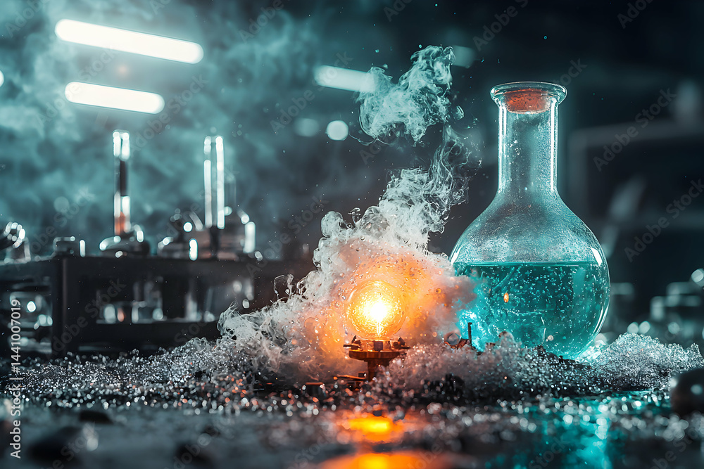 Poster a vibrant image of a science lab featuring a glowing light a beaker and a smoky atmosphere. use it a