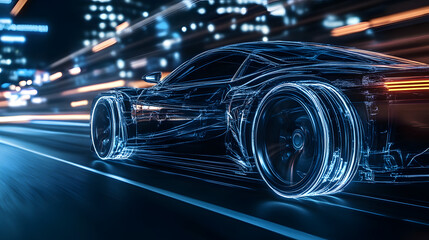 A concept futuristic car with transparent wheels driving on a glowing highway at night.