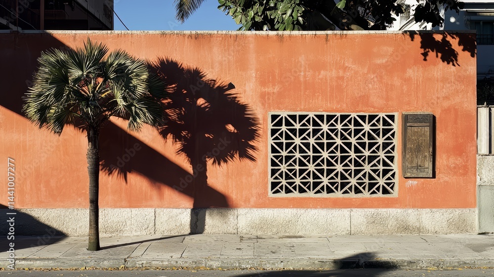 Poster Palm tree casts a shadow on a red wall. The wall is made of bricks and has a window with a metal frame