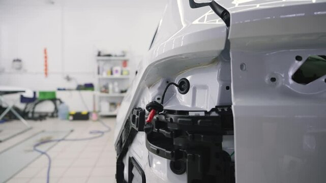 Car mechanic reassembling parts of a vehicle's rear light after painting in a professional auto repair shop