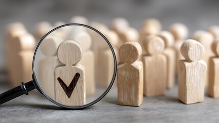 Magnifying glass highlights checked wooden figure for candidate selection  
