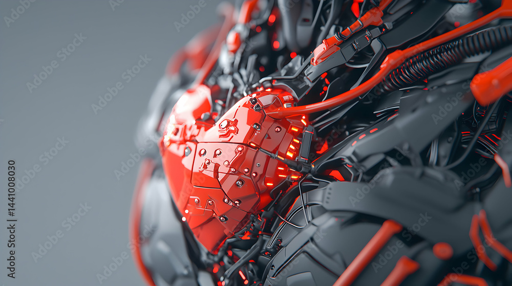 Poster a futuristic heart made of mechanical components with red highlights. perfect for tech or sci-fi the