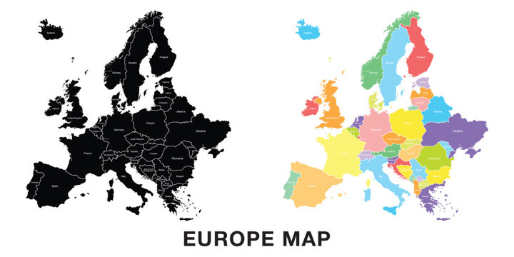 Map of Europe. Includes Germany, Netherlands, Belgium, Luxembourg, Austria, Switzerland, France, Monaco, Liechtenstein, with regional divisions. Isolated on a white background. Highly detailed flat