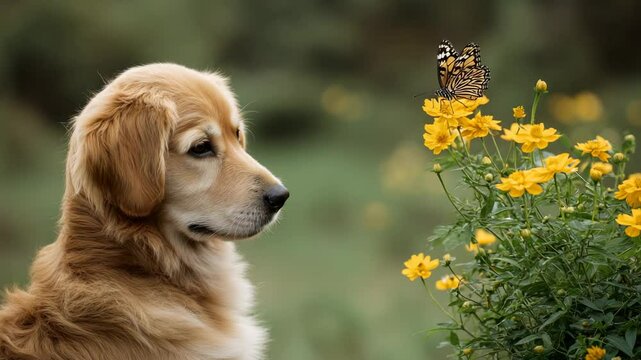Golden retriever dog watching butterfly on yellow flowers in peaceful green outdoor nature environment