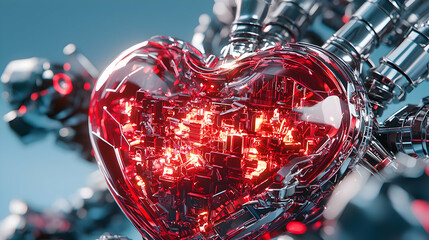 This image depicts a futuristic cyborg heart glowing with energy. It suggests advanced technology for medical or sci-fi use perhaps for prosthetics or concept art.