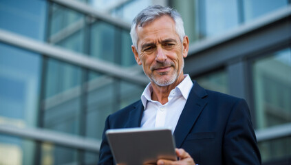 Man in Suit Holding Tablet Before Building Urban Setting