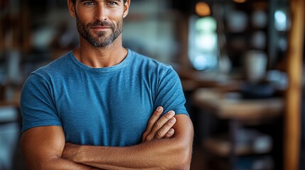 Obraz premium Confident man portrait casual blue shirt arms crossed studio shot handsome male model attractive person