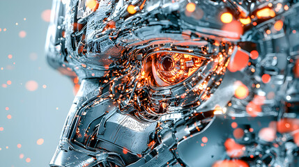 A futuristic robot eye with glowing circuits and metal details. Suggesting AI surveillance or cybernetic enhancements. Excellent for sci-fi art or tech design.