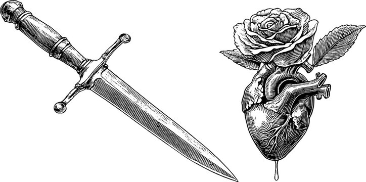 Engraved dagger and heart with rose illustration for tattoo art and design inspiration