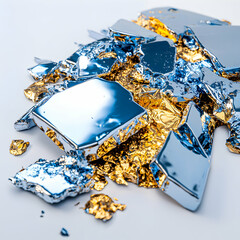 Abstract composition featuring shiny reflective metallic foil in gold and blue hues. Excellent for decorative art jewelry or packaging design materials.