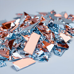 A pile of shiny shattered pieces with rose gold and silver hues creates a modern abstract composition. Ideal for design projects and digital art applications.