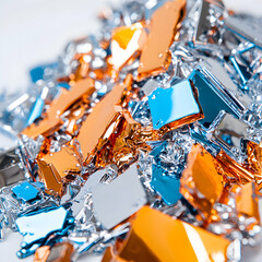 Close-up of shiny metallic fragments in gold silver and blue hues. Could be used for decorative purposes or abstract art projects. A visually appealing design.