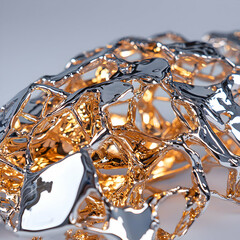 An abstract sculptural piece with reflective surfaces. Its intricate form and metallic sheen suggest art or design. Consider it for modern decor.