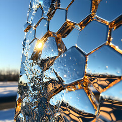 Abstract shiny hexagonal structure with reflective surfaces. Suitable for artistic installations futuristic designs or science fiction themed projects.