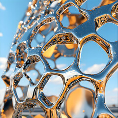 Abstract geometric sculpture with a reflective metallic surface. Could be used in architectural designs or futuristic art installations. Offers a unique aesthetic.
