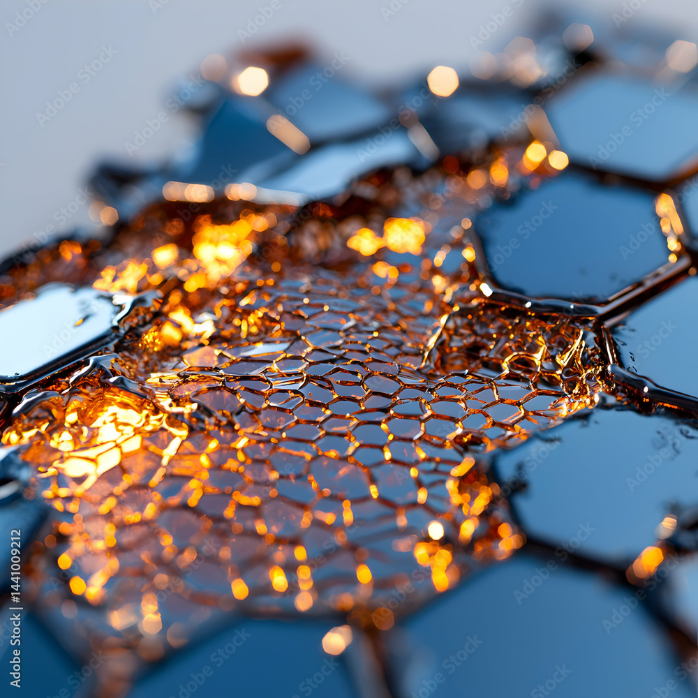 Poster abstract close-up image of shimmering honeycomb-like structures. the metallic blue and golden hues c