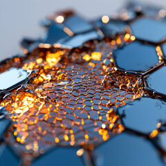 Abstract close-up image of shimmering honeycomb-like structures. The metallic blue and golden hues create a captivating visual. Perfect for tech or design inspiration.