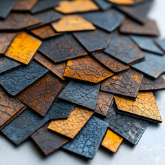 A detailed close-up of overlapping textured tiles in shades of orange brown and gray. Suitable for backgrounds decorative panels or artistic projects.