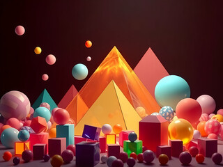 An abstract composition with colorful geometric shapes, including spheres and pyramids, against a dark background, creating a playful and modern atmosphere.