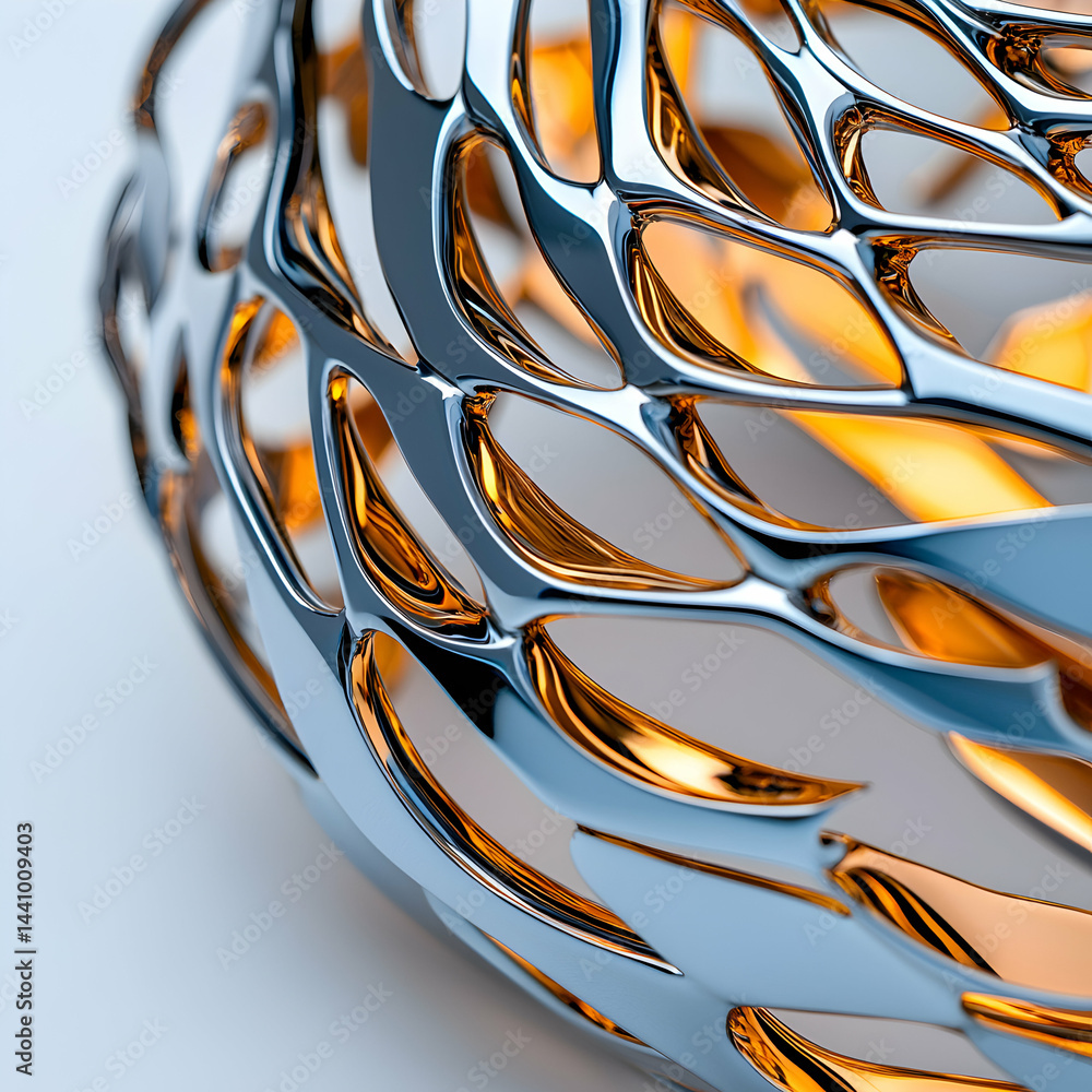 Poster a close-up of a reflective chrome structure with organic shapes and warm golden tones inside. it sug