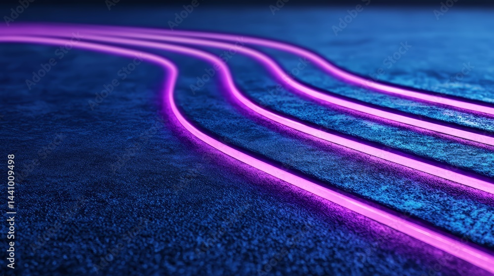 Poster Purple line is drawn on a blue background. The line is long and thin, and it is glowing. The image has a futuristic and otherworldly feel to it, as if it were created in a computer program