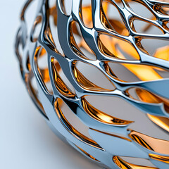 A close-up of a reflective chrome structure with organic shapes and warm golden tones inside. It suggests modern art or architecture a unique design element.